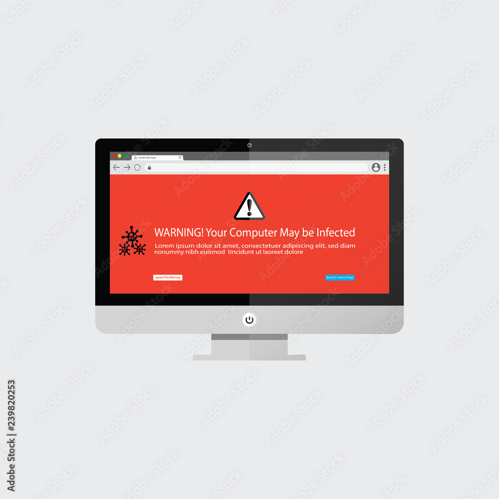 Poster warning opened internet browser with shadow, desktop flat style with grey background.
