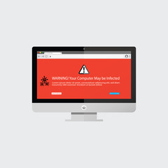 Warning opened internet browser with shadow, desktop flat style with grey background.