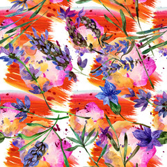 Purple lavender. Floral botanical flower. Watercolor background illustration set. Seamless background pattern.