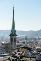 View on Zurich city old town roofs from Polytechnic terrace on a clear winter day, Switzerland