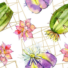 Green cactus. Floral botanical flower. Watercolor background illustration set. Seamless background pattern.
