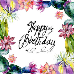 Green cactus. Floral botanical flower. Watercolor background illustration set. Frame border ornament square.