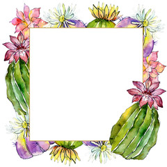 Green cactus. Floral botanical flower. Watercolor background illustration set. Frame border ornament square.