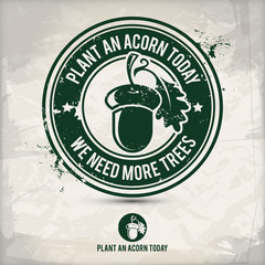 alternative eco friendly acorn stamp containing: two environmentally sound eco motifs in circle frames, grunge ink rubber stamp effect, textured paper background, eps10 vector illustration © vectorshape