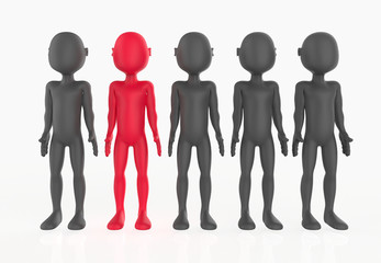 stand out from the crowd and different creative idea concepts one red man standing among other. 3d illustration 
