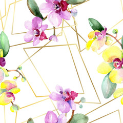 Orchid Floral botanical flower. Wild spring leaf. Watercolor background illustration set. Seamless background pattern.