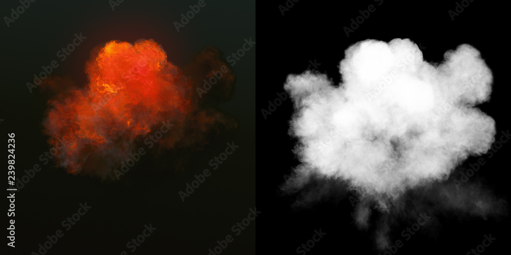 Poster Large explosion with black smoke in dark plus alpha channel. 3d rendering