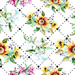 Bouquet watercolor background illustration set. Watercolour seamless background pattern. Fabric wallpaper print texture.