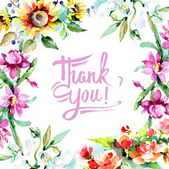 Bouquet watercolor background illustration set. Watercolour drawing aquarelle isolated. Frame border ornament square.