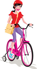 Fototapeta na wymiar Young lady learning to ride bike with training wheels 