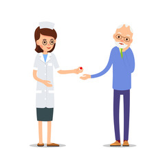 Fototapeta premium Nurse and patient. Elderly people, man and woman standing next to a doctor and nurse. Elderly woman with a headache. Illustration of people characters isolated on white background in flat style