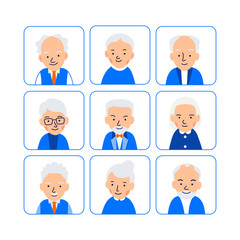 Avatars elderly people. Illustrations of heads of pensioner in rounded squares. Male and female faces. Illustration of people characters isolated on white background in flat style