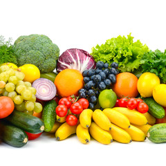 Large assortment vegetables and fruits isolated on white