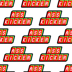 Seamless pattern with patches "Ass kicker" isolated on white background. Comic, cartoon style. Retro style of 80s-90s.