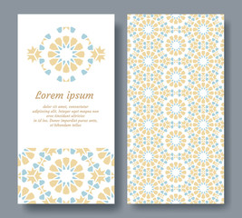 Colofrul vector template of card for invitation, celebration, save the date, wedding performed in arabic geometric tile