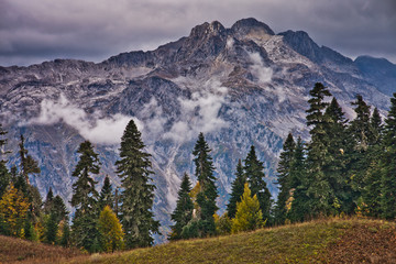 The gloomy rocky top of the mountain, under thunderclouds, fir trees, autumn landscape.