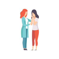 Psychiatrist calming down young woman suffering from anxiety, mental disorder, psychiatric or psychological problem vector Illustration