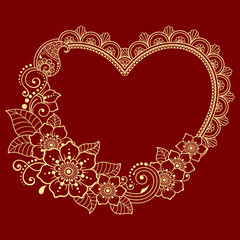 Plakat Stylized for mehndi flower colored pattern in form of heart. Decoration in ethnic oriental, Indian style. Valentine's day greetings.