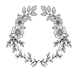 Decorative frame composition with, flowers, ornate elements in doodle style. Floral, ornate, decorative design elements