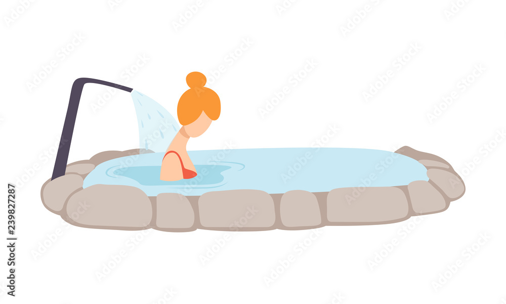 Sticker Young woman enjoying spa massage in thermal spring, girl relaxing in hot water in bath tub vector Illustration on a white background