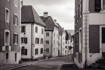 Old vintage building and street in La Chaux de Fonds