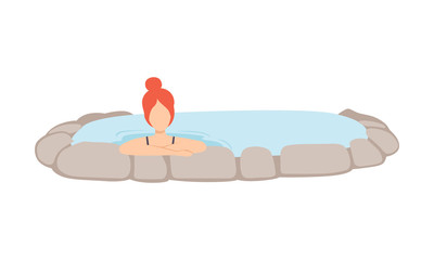 Girl relaxing in hot outdoor thermal spring, young woman enjoying hot water in bath tub vector Illustration on a white background