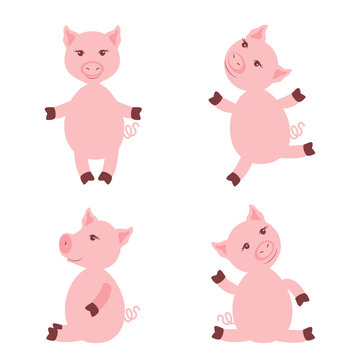 Cartoon cute pink pigs isolated on white background, colorful vector illustration farmer domestic animals, Character design for greeting cards, children invitation, creation of alphabet, baby shower