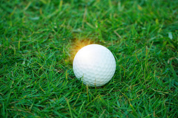 golf ball on green in beautiful golf course with sunset. Golf ball close up in golf coures at Thailand