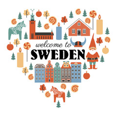 Swedish vector traditional symbols in heart shape, lamdmark City Hall of Stockholm, Gamla Stan, Tomtar elf, Dalarna horse, red house, cinnamon roll isolated on white, decorative frame flat style