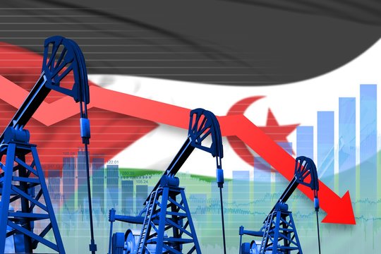 lowering, falling graph on Western Sahara flag background - industrial illustration of Western Sahara oil industry or market concept. 3D Illustration