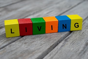colored wooden cubes with letters. the word living is displayed, abstract illustration