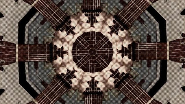 Abstract dot motion background of psychedelic kaleidoscopic acoustic guitar