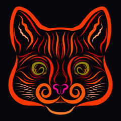 Colorful cat head on a black background, hearts in the eyes, expressive look, pattern