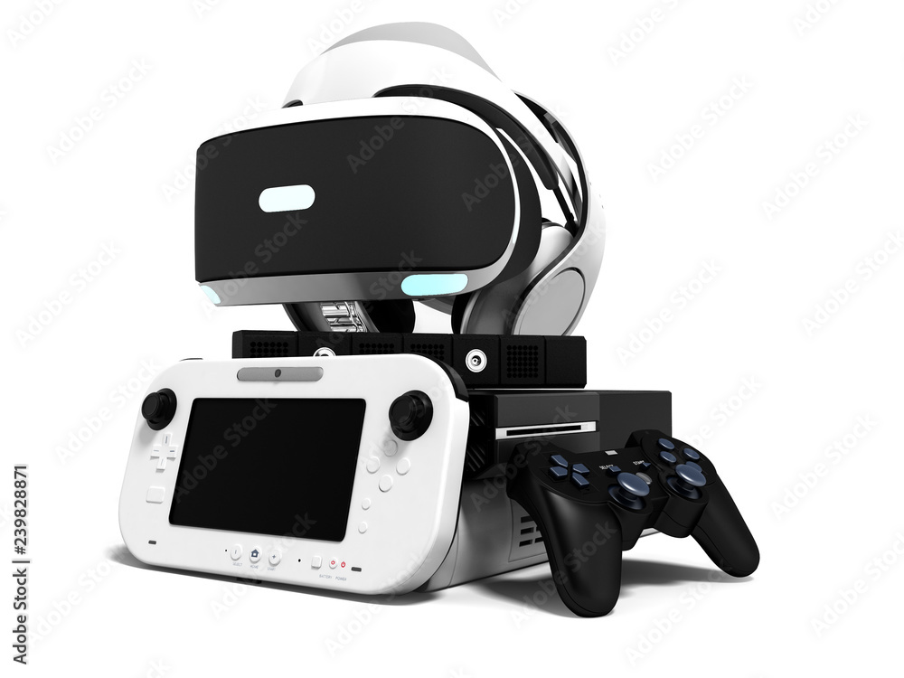 Poster seth game console with glasses virtual reality headphones 3d render on white background with shadow