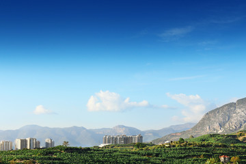 Green meadow and houses with mountain and blue sky