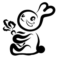 cute little bunny with carrots in paws, black outline