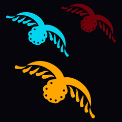 three flying patterned colored birds, silhouette on a black background