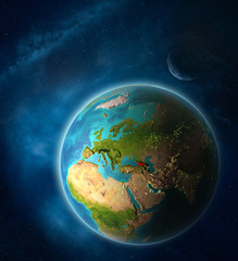 Georgia from space on planet Earth in space with Moon and Milky Way. Extremely fine detail of planet surface.