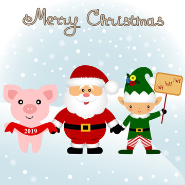 Christmas card. Funny postcard with Christmas Elf, Christmas pig