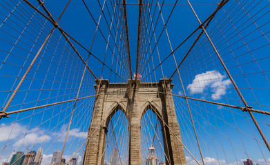 View of historic Brooklyn Bridge in New York City