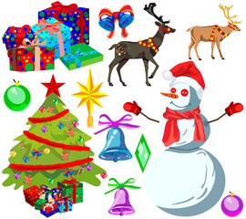Set for happy Christmas and new year, cartoon icons and illustrations
