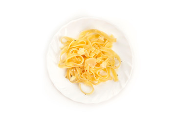 An overhead photo of a plate of Italian pasta with Parmesan cheese, shot from above on a white background with copy space