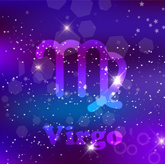 Virgo Zodiac sign on a cosmic purple background with sparkling stars and nebula.