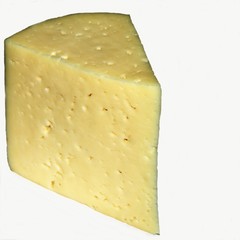  A piece of semi-hard, spongy cheese on a white background isolated.