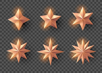 Obraz premium Set of stars and flowers with shadow on transparent background. New year and Christmas design elements, vector illustration.