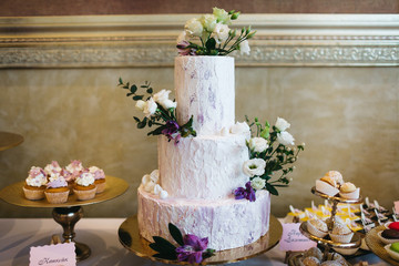 Candy bar table set. Cookies, eclairs, macaroons, fruits, cream and layered cakes. Pastel violet colours.