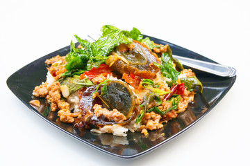 Basil leave with minced pork and fried preserved egg