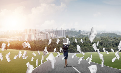 Business woman with monitor instead of head.