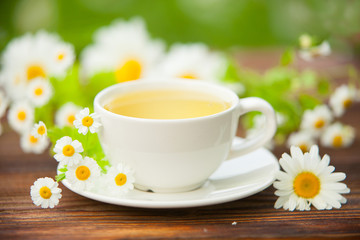 porcelainl cup with green tea on table