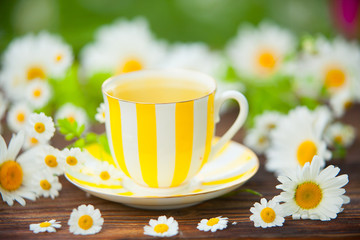 porcelainl cup with green tea on table